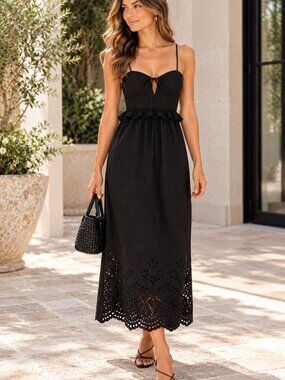 Caroline Constas Black Adjustable Strap Peplum Maxi Dress with Eyelet Hem Sz XS